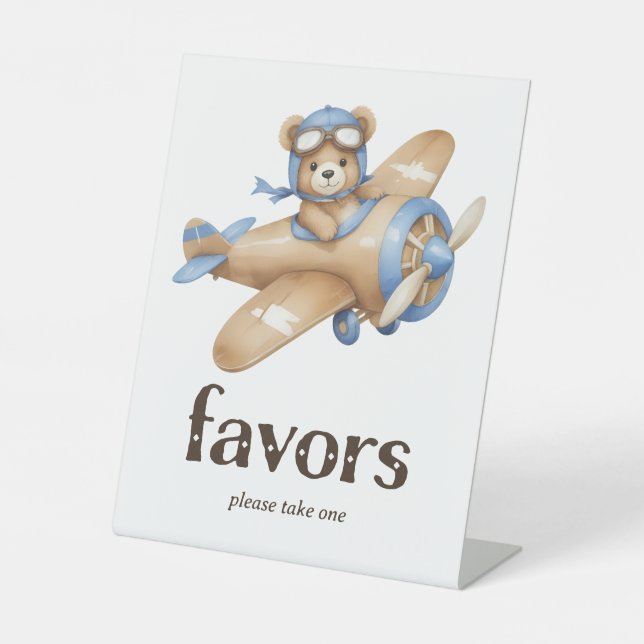 Teddy Bear Pilot Baby Boy Shower Favors Pedestal Sign (Front)