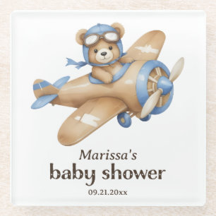 Teddy Bear Pilot Baby Boy Shower Glass Coaster