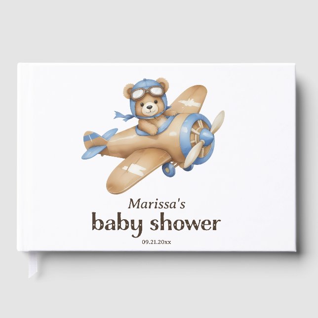 Teddy Bear Pilot Baby Boy Shower Guest Book (Front)