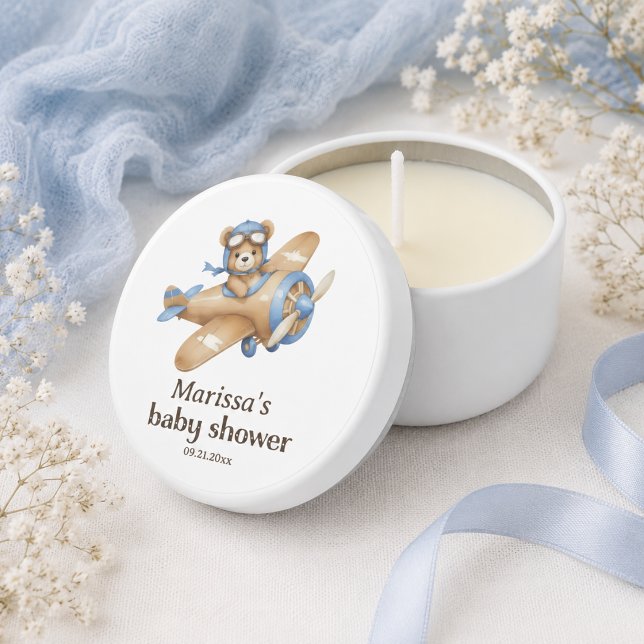 Teddy Bear Pilot Baby Boy Shower Mini Candle Favors (cute whimsical teddy bear pilot baby boy shower mini candle favors for guests  )