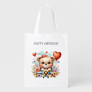 Teddy Bear Pilot Birthday Grocery Bag