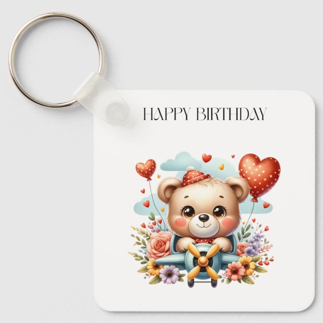 Teddy Bear Pilot Birthday Keychain (Front)