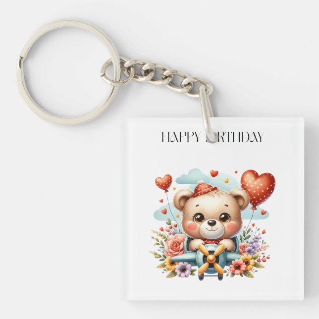 Teddy Bear Pilot Birthday Keychain (Front)
