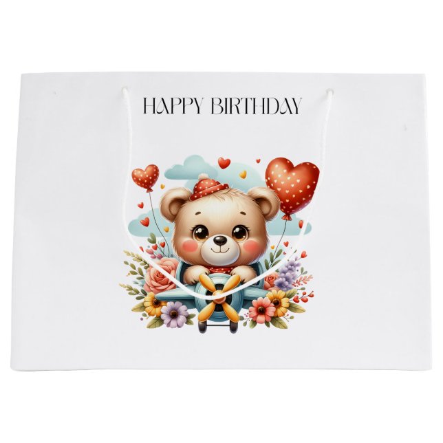 Teddy Bear Pilot Birthday Large Gift Bag (Front)