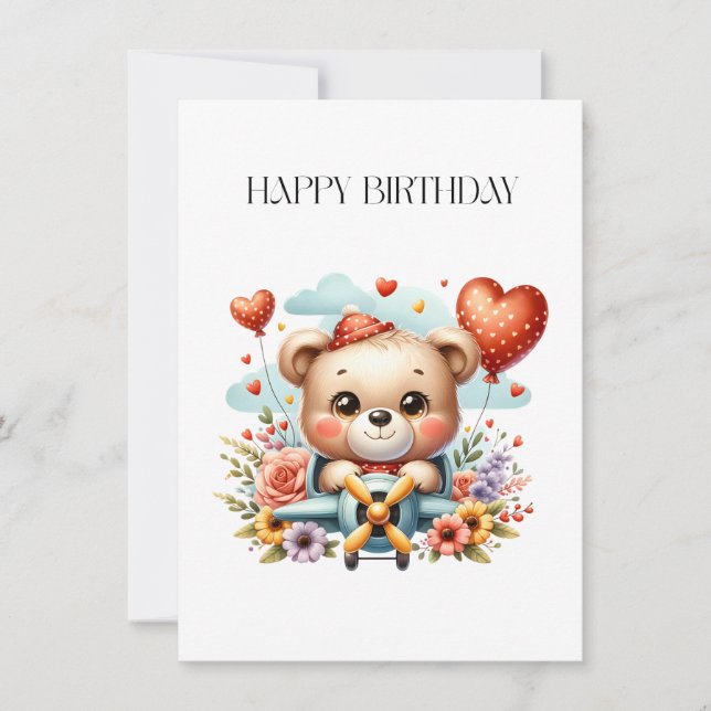 Teddy Bear Pilot Birthday Note Card (Front)