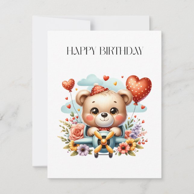 Teddy Bear Pilot Birthday Note Card (Front)