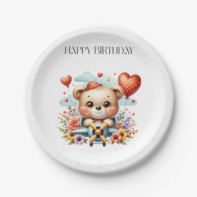 Teddy Bear Pilot Birthday Paper Plates (Front)