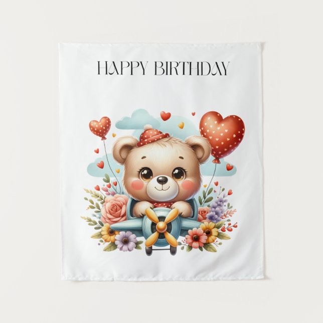 Teddy Bear Pilot Birthday Tapestry (Front)