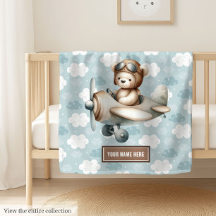 Teddy Bear Pilot Blue Brown Baby Shower Blanket