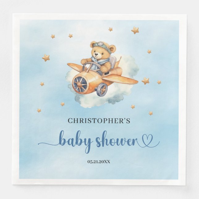 Teddy bear pilot boy baby shower paper dinner napkins (Front)