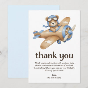 Teddy Bear Pilot Boy Baby Shower Thank You Card