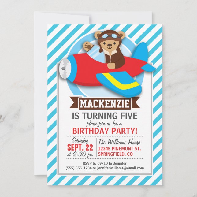 Teddy Bear Pilot in Red Toy Airplane; Blue Stripes Invitation (Front)