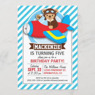 Teddy Bear Pilot in Red Toy Airplane; Blue Stripes Invitation