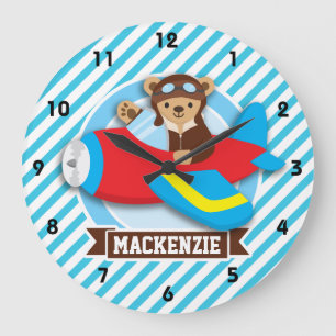 Teddy Bear Pilot in Red Toy Airplane; Blue Stripes Large Clock
