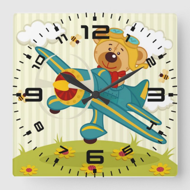 Teddy Bear Pilot Square Wall Clock (Front)