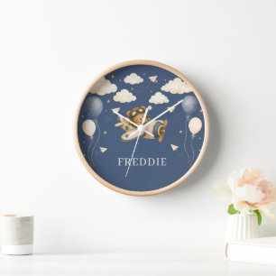 Teddy Bear Pilot Vintage Airplane Baby Nursery Clock