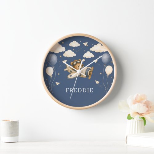 Teddy Bear Pilot Vintage Airplane Baby Nursery  Clock