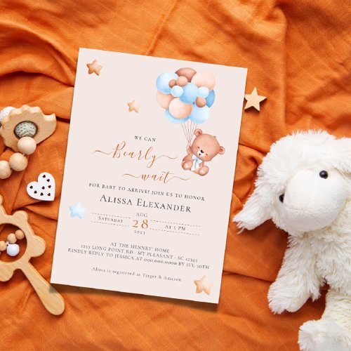 Teddy bear pink and blue balloons baby shower invitation