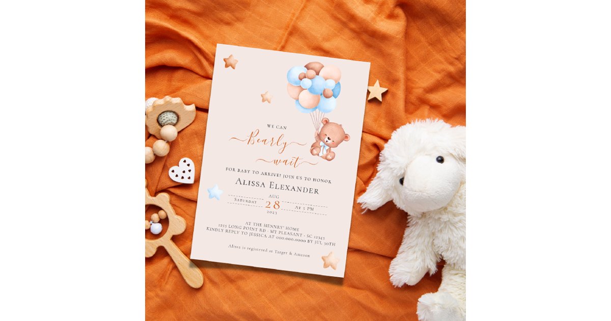 Teddy bear pink and blue balloons baby shower invitation | Zazzle