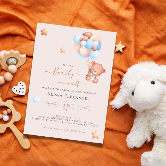 Teddy bear pink and blue balloons baby shower invitation | Zazzle
