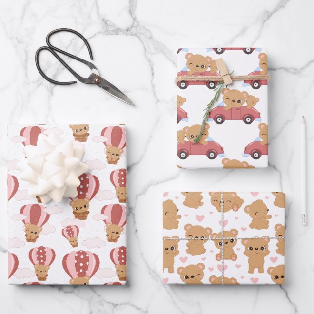 Teddy Bear Pink and Brown Girl Wrapping Paper Sheets (Front)