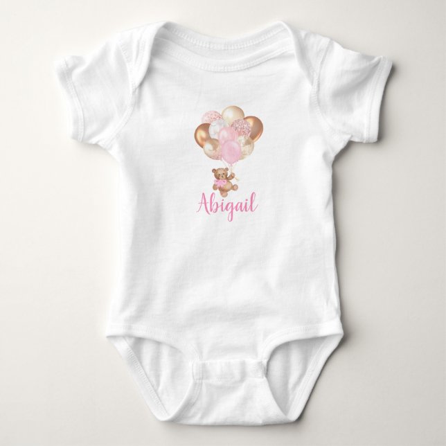 Teddy Bear Pink and Gold Balloons  Baby Bodysuit (Front)