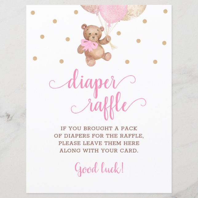 Teddy Bear Pink And Gold Diaper Raffle Game (Front)