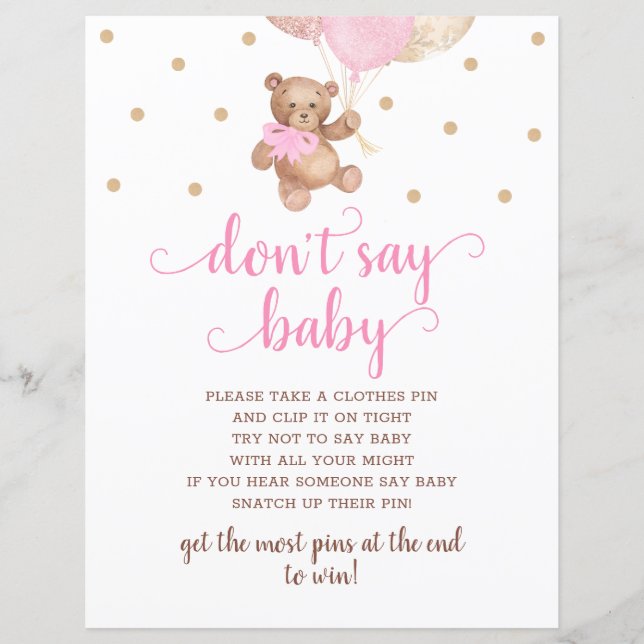 Teddy Bear Pink And Gold Don't Say Baby Game (Front)