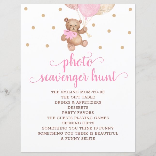 Teddy Bear Pink And Gold Photo Scavenger Hunt Game (Front)