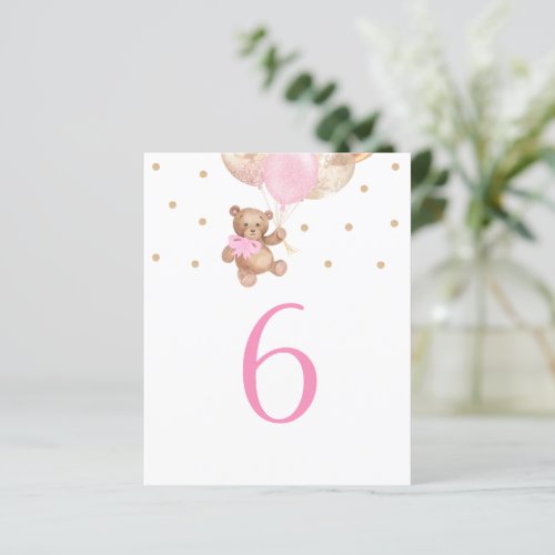 Teddy Bear Pink and Gold Table Number Sign
