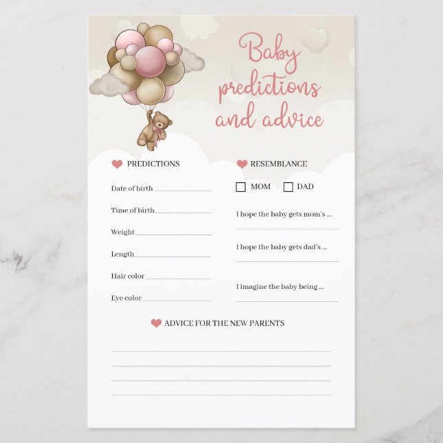 Teddy bear pink Baby Predictions and Advice game (Front)