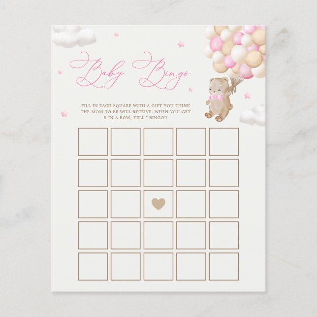 Teddy Bear Pink Baby Shower Bingo Game (Front)