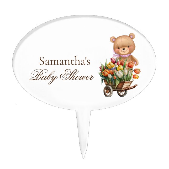 Teddy Bear Pink baby Shower Floral Rustic Cake Topper (Front)