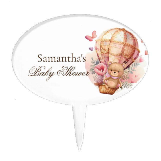 Teddy Bear Pink baby Shower Hot Air balloon Cake Topper (Front)