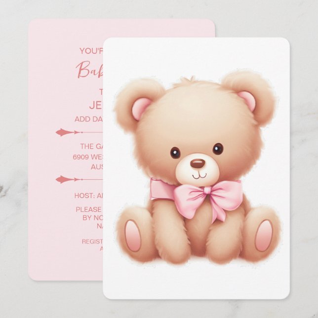 Teddy Bear Pink Baby Shower Invitation (Front/Back)
