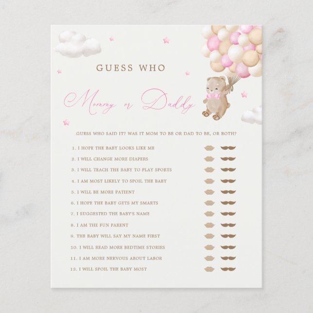 Teddy Bear Pink Baby Shower Mommy or Daddy Game (Front)