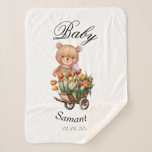 Teddy Bear Pink Baby Shower Rustic Floral Sherpa Blanket