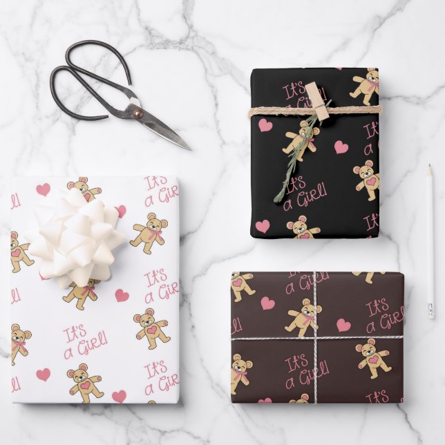 Teddy Bear Pink Baby Shower Wrapping Paper Sheets (Front)