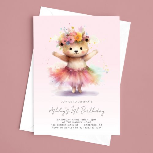 Teddy Bear Pink Ballerina 1st Birthday Invitation