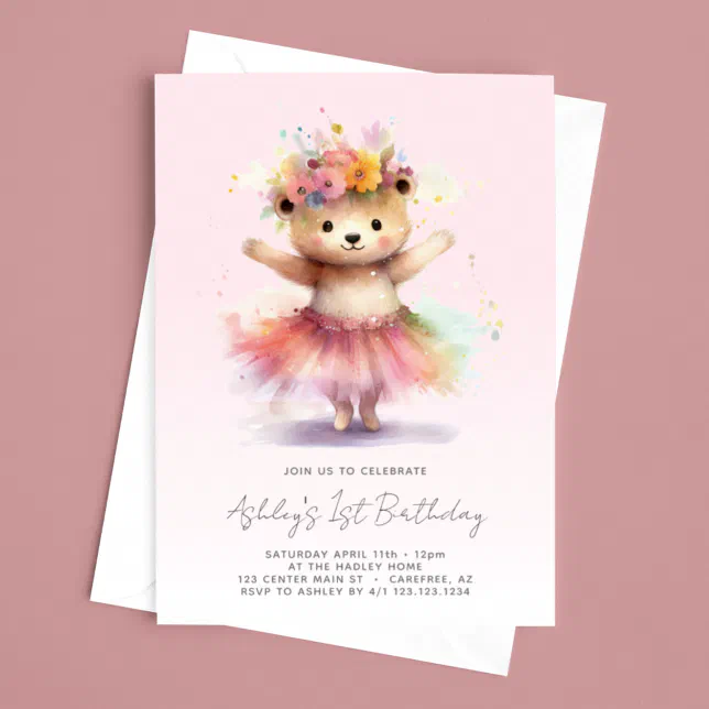 Teddy Bear Pink Ballerina 1st Birthday Invitation | Zazzle