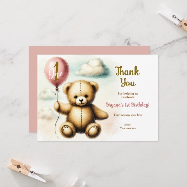 Teddy Bear Pink Balloon 1st Birthday Party Invitation (Front/Back In Situ)