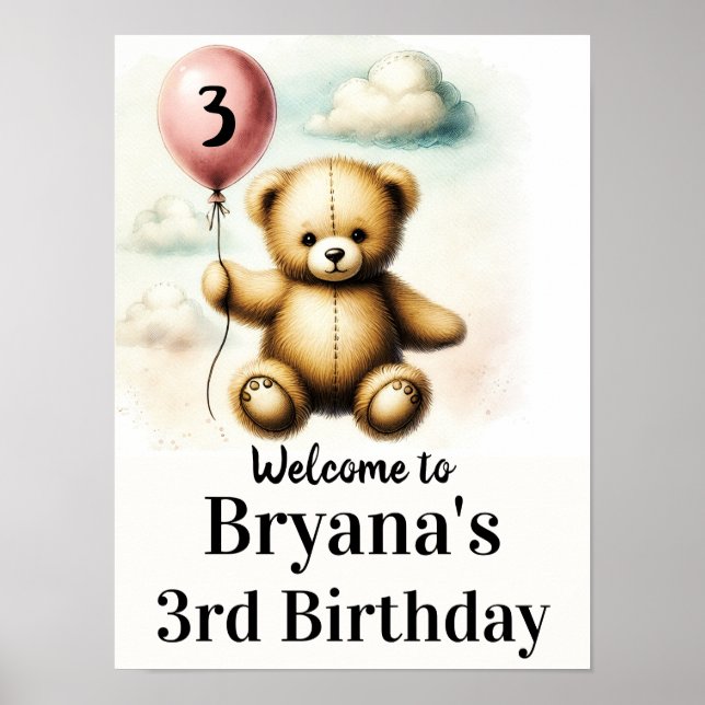 Teddy Bear Pink Balloon 1st Birthday Sign (Front)