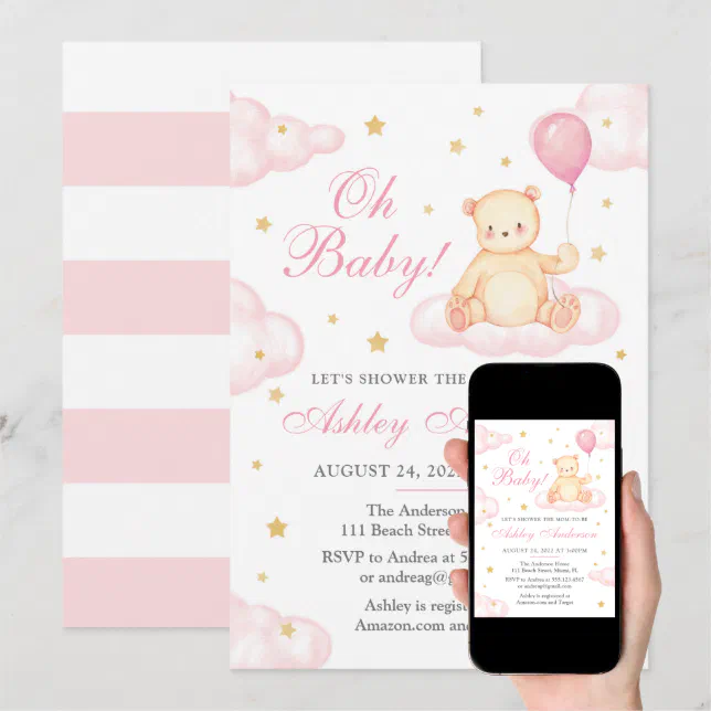 Teddy Bear Pink Balloon Baby Shower Invitation | Zazzle