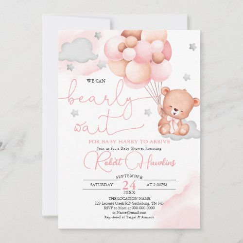 Teddy Bear Pink Balloon Baby Shower Invitation