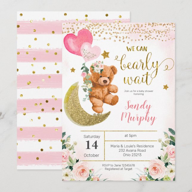Teddy Bear Pink Balloon Baby Shower Invitation (Front/Back)