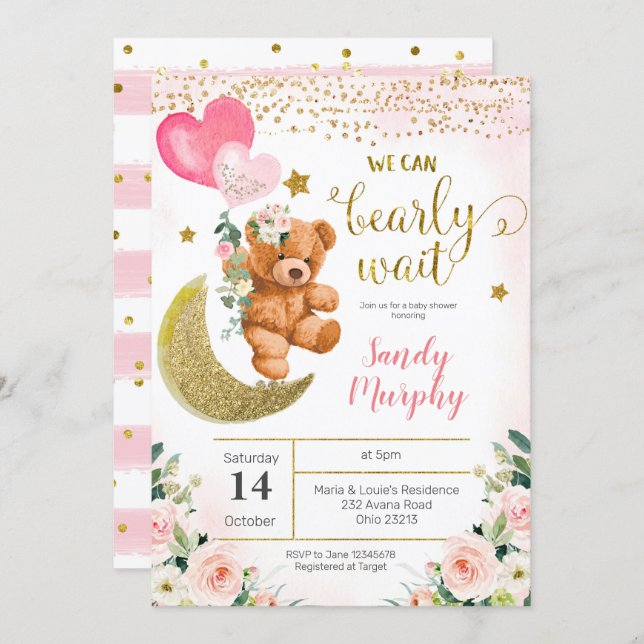 Teddy Bear Pink Balloon Baby Shower Invitation (Front/Back)