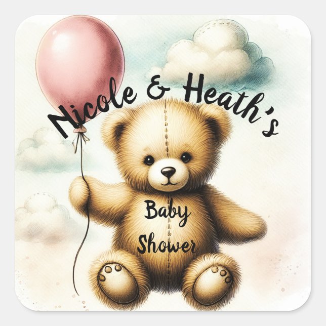 Teddy Bear Pink Balloon Baby Shower Square Sticker (Front)