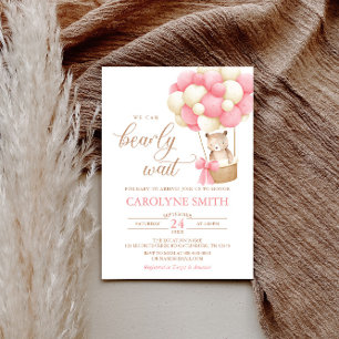 Teddy Bear Pink Balloon Bearly Wait Baby Shower Invitation