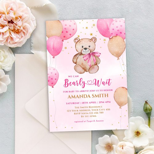 Teddy Bear Pink Balloon Bearly Wait Baby Shower Invitation