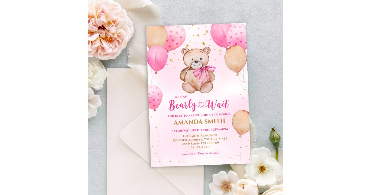 Teddy Bear Pink Balloon Bearly Wait Baby Shower Invitation | Zazzle